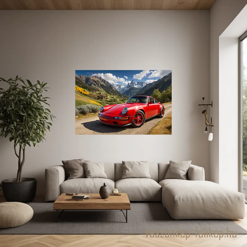 0038-piros-sportkocsi-a-hegyekben-f autós vászonkép, falikép nappaliba