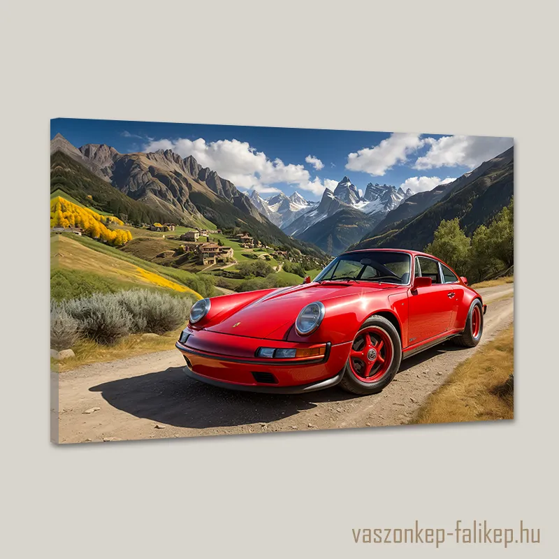 0038-piros-sportkocsi-a-hegyekben Ezen a vászonképen egy piros sportkocsi látható az olasz hegyekben. Különleges dísze lehet nappalidnak vagy a hállószobádnak.