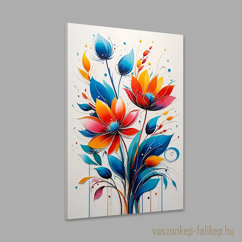 0046-szines-viragok-2 Ezen az állló tájolású vászonképen csodálatosan szép absztrakt virágokat láthatunk. Remek ötlet lehet a falunk díszítésére akár a hálószobába, nappaliba, irodába és a konyhába is.