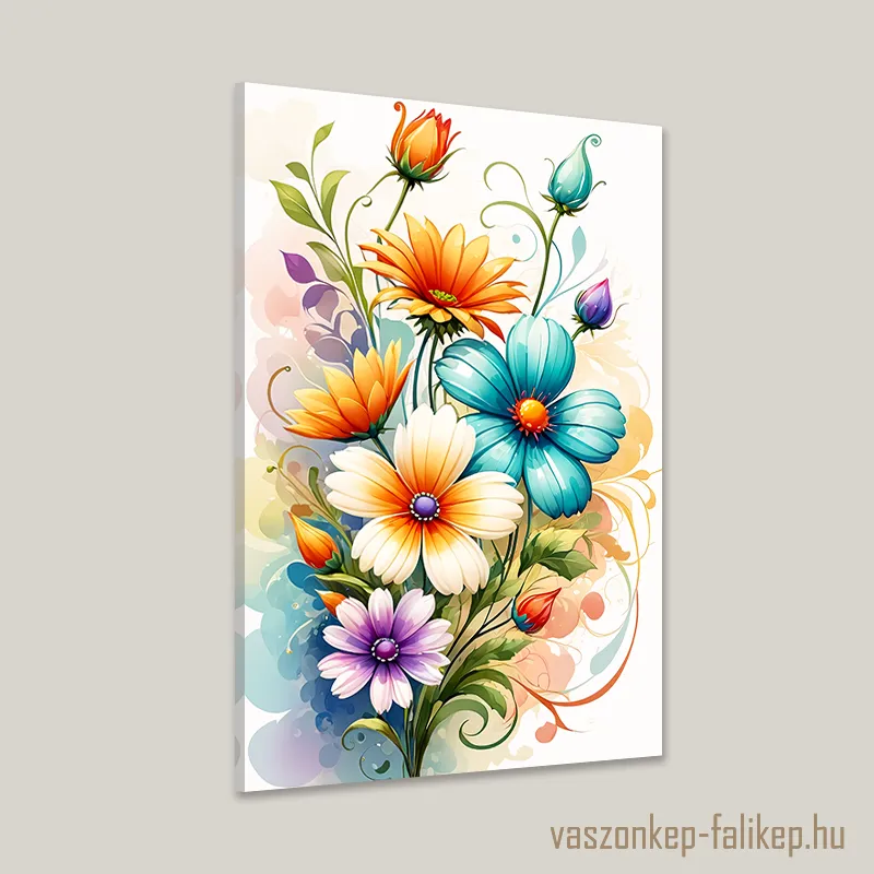 0072-szines-viragok-akvarell-2 Ezen az állló tájolású faliképen absztrakt virágokat láthatunk. Remek ötlet lehet a falunk díszítésére akár a hálószobába, nappaliba, irodába és a konyhába is.