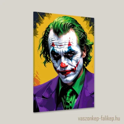 Ez az egyedi vászonkép a híres Joker karakter portréját ábrázolja Pop Art stílusban