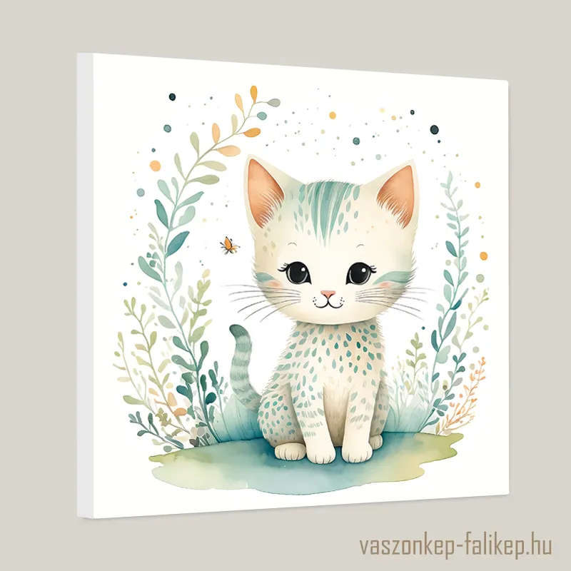 0136-cica-pasztel-illusztracio Egy aranyos kiscica ül egy stilizált növényzet között, akvarell stílusban festett, vidám hangulatot keltve.