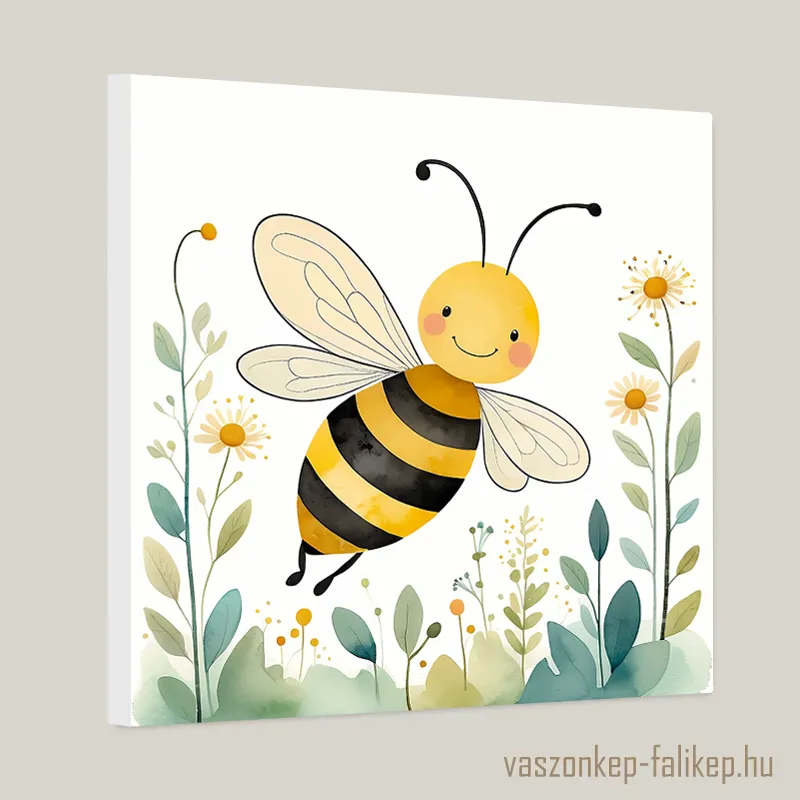 0145-mehecske-pasztel-illusztracio Egy aranyos, rajzolt méhecske repked zöld növények és sárga virágok között.