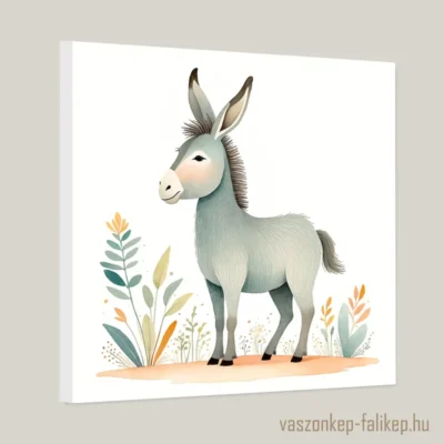 Vidám, színes vászonkép egy aranyos szamárral, amely tökéletesen illik gyerekszobákba vagy állatszerető otthonokba.