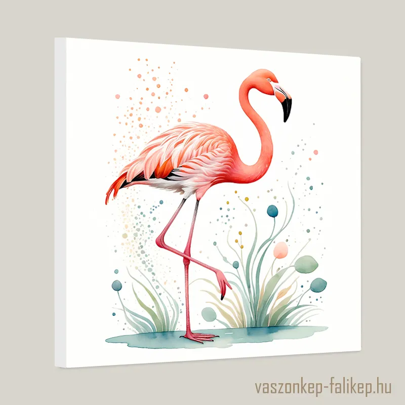 0165-flamingo-pasztel-illusztracio Egy elegáns flamingót ábrázoló akvarell festmény, amely vízinövényekkel körülvett környezetben helyezkedik el.