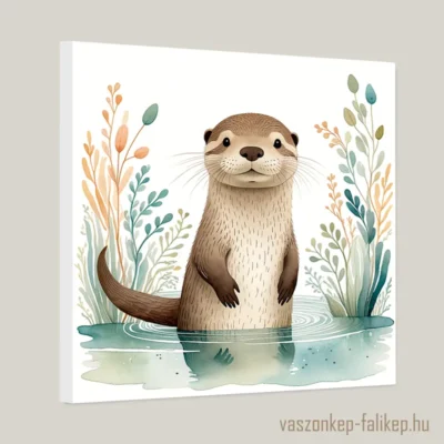 Egy aranyos, grafikusan ábrázolt vidra áll a vízben, körülötte színes, stilizált növényekkel.