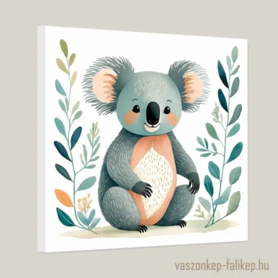 Egy kedves, stilizált koala rajz, kétoldalt növényekkel dekorálva.