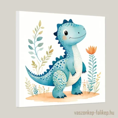 Egy bájos, kék színű, mosolygós dinoszaurusz rajza növényekkel.