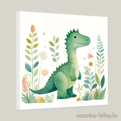 Vidám, zöld dinoszauruszt ábrázoló illusztráció, mely körül különféle növények és virágok találhatók.