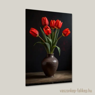 A falikép egy rusztikus barna kerámia vázát ábrázol, amelyben élénk vörös tulipánok állnak. A sötét háttér kontrasztot teremtve kiemeli a tulipánok élénk színeit, míg a levelek zöldje természetes összhatást kölcsönöz a kompozíciónak. A felület és a virágok részletgazdag ábrázolása eleganciát és harmóniát tükröz.