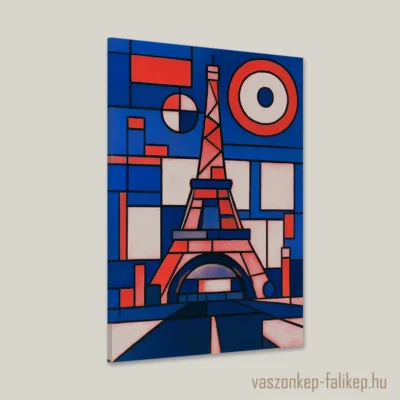 Ez a kép az Eiffel-tornyot ábrázolja geometrikus formák és élénk, kontrasztos színek alkalmazásával.