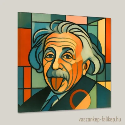 Albert Einstein híres nyelvkidugós képe újragondolva. Ez az alkotás egy modern, geometrikus stílusú portrén keresztűl mutatja be Einstein hírek fotóját, amit spontán készítettek róla. Élénk színek és egyszerű formák jellemzik az alkotást, ezzel kiemelve a portré kifejező erejét. A háttérben különböző méretű és színű blokkok találhatók, amelyek összhangban vannak a fő alak vonásaival. A kép dinamikus és energikus benyomást kelt, miközben tiszteleg a klasszikus inspiráció előtt.