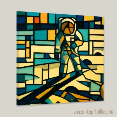 Az alkotás a híres "Ember a Holdon" (NASA 1969) fotója újragondolva. Az alkotás egy űrhajóst ábrázol a holdon. Az újragondolt képet modern geometriai minták és élénk színek jellemeznek. A kompozíció a modernizmusra emlékeztet, és feltűnő kontrasztokkal vonzza a tekintetet. Az űrhajós egy stilizált, mondrian stílusú térben jelenik meg, ahol a színsávok összefonódnak, és dinamikus látványt nyújtanak.