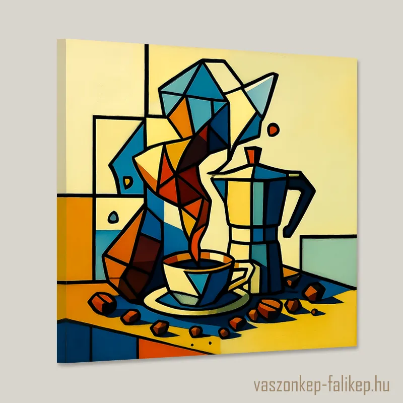 0233-kavefozo-kubista Geometrikus formákból álló művészi ábrázolás egy kávékészítési jelenetről.