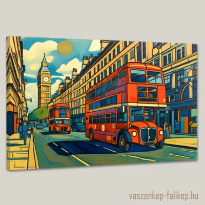 Egy színes, grafikus megjelenítés London utcáiról, ahol a híres piros emeletes buszok utaznak, háttérben a Big Bennel.