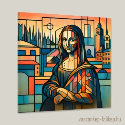 Ez a kép a Mona Lisa modern, absztrakt értelmezését mutatja be geometriai formák és élénk színek segítségével.
