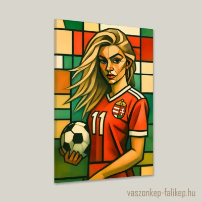 A kép egy stilizált, geometrikus elemekből felépített portré, amely egy fiatal lányt piros-fehér focimezben mutat be. A lány kezében egy focilabdát tart, háttérben pedig színes, szabálytalan formák találhatók, amelyek a magyar zászló színeit idézik. A műalkotás modern és expresszionista stílusával vonzza a tekintetet. Igazi "Hajrá Magyarok" érzés.