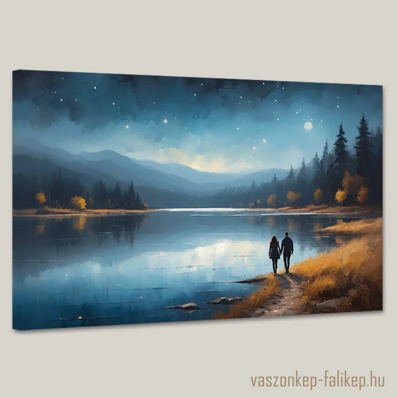 0259-szerelmes-par--csillagok-alatt-f Két ember sétál kéz a kézben egy tó partján egy csillagos éjszakán.