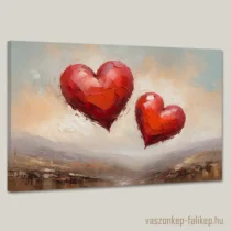 Az alkotás két hatalmas, vörös szívet ábrázol, amelyek a levegőben lebegnek. Az ecsetvonások dinamikája és a szívek élénk piros színe kontrasztot képez a háttér nyugodt árnyalataival, így kiemelve a szíveket mint a szeretet és a pozitív érzelmek szimbólumát. Remek ajándékötlet valentin napra.