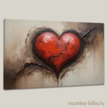 Ez a falikép egy drámai hatású, nagyméretű piros szívet ábrázol. A szív körüli textúrázott felület repedt és durva, amely az érzelmek mélységét és intenzitását szimbolizálja. A háttér homokos és földes tónusokkal egészíti ki a kompozíciót, kihangsúlyozva a szív központi szerepét. Lepd meg szerelmed valentin napra ezzel az alkotással.