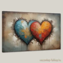 Ez a festmény két nagy szívet mutat be egymás mellett, az egyik kék, a másik narancssárga és piros árnyalatú. A durván megmunkált ecsetvonások és a színek kontrasztja kifejezővé teszik a képen megjelenő érzelmi mélységet. Az alkotás a szeretet és az összetartozás témáját járja körül, a kisebb szív mintázatok pedig a törékenységre utalnak. Valentin napra remek ajándék lehet.