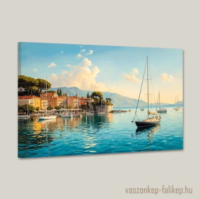 Egy festői mediterrán kikötő jelenete vitorlásokkal és napfényben fürdőző, színes házakkal a háttérben.