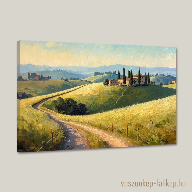0286-toscana-tajkep Egy festői tájkép Toszkánáról, amelyen napfényes dombok, ciprusfák és vidéki épületek láthatók.