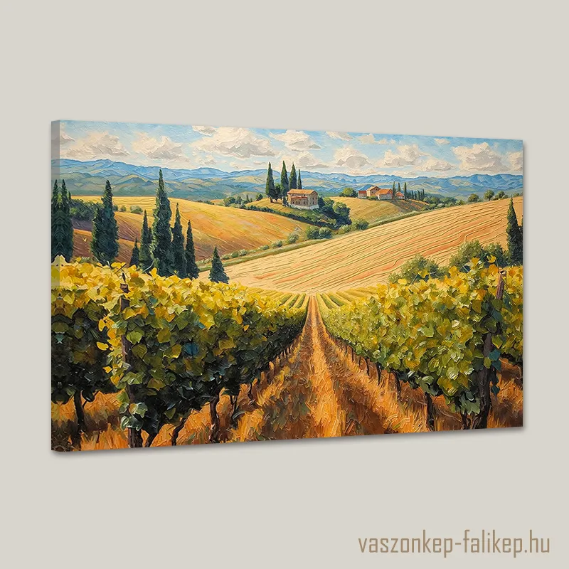 0288-toscana-szolloi-2 Festői tájkép egy toszkán szőlőültetvényről, amelyet dombok és távolban lévő kis épületek vesznek körül.