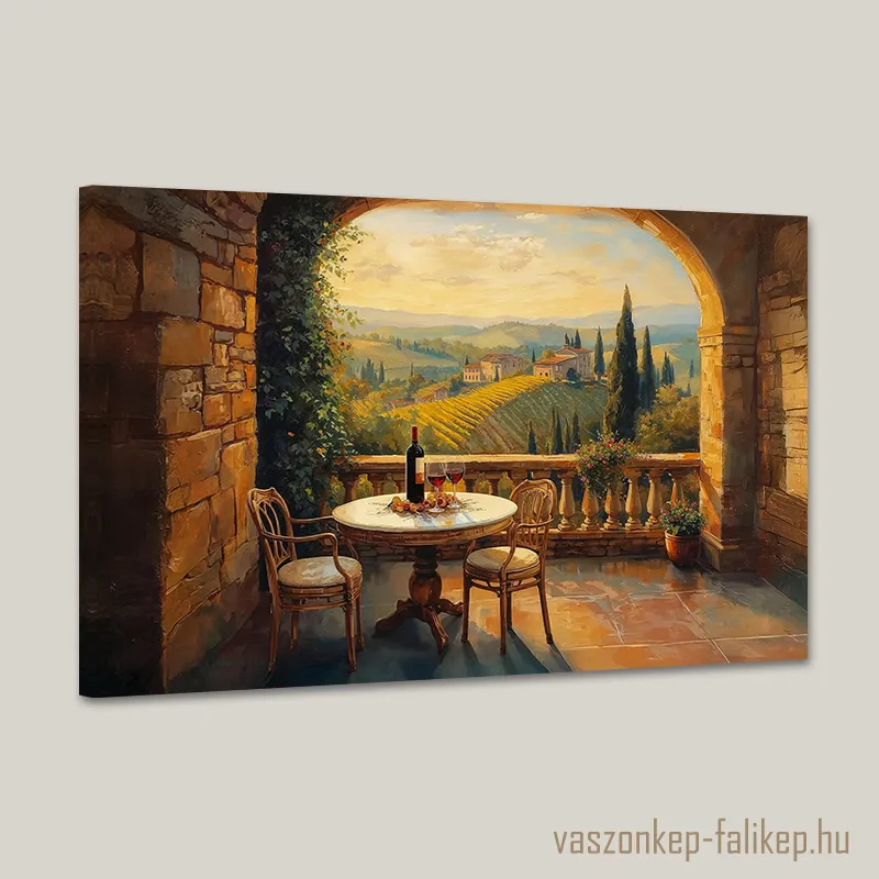 0289-toscana-terasz-bor Egy festői terasz Toszkánában, ahol bor és gyümölcsök várják a vendégeket, a háttérben pedig gyönyörű szőlőültetvények és dombok terülnek el.