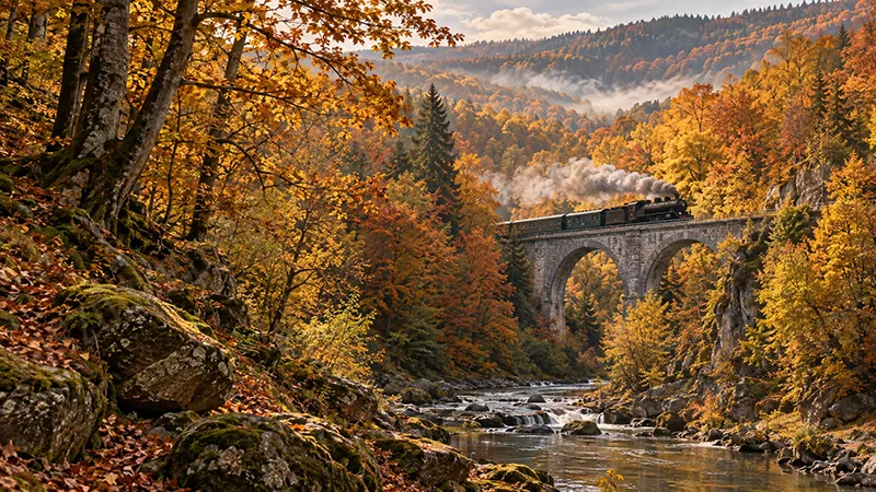 Őszi gőzös a völgyben – prémium vászonkép 3 Őszi erdővel övezett kőviadukton áthaladó gőzmozdony a hegyi patak fölött, prémium vászonképen 3