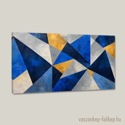Modern absztrakt vászonkép kék, arany, fehér és szürke geometrikus háromszögmintákkal