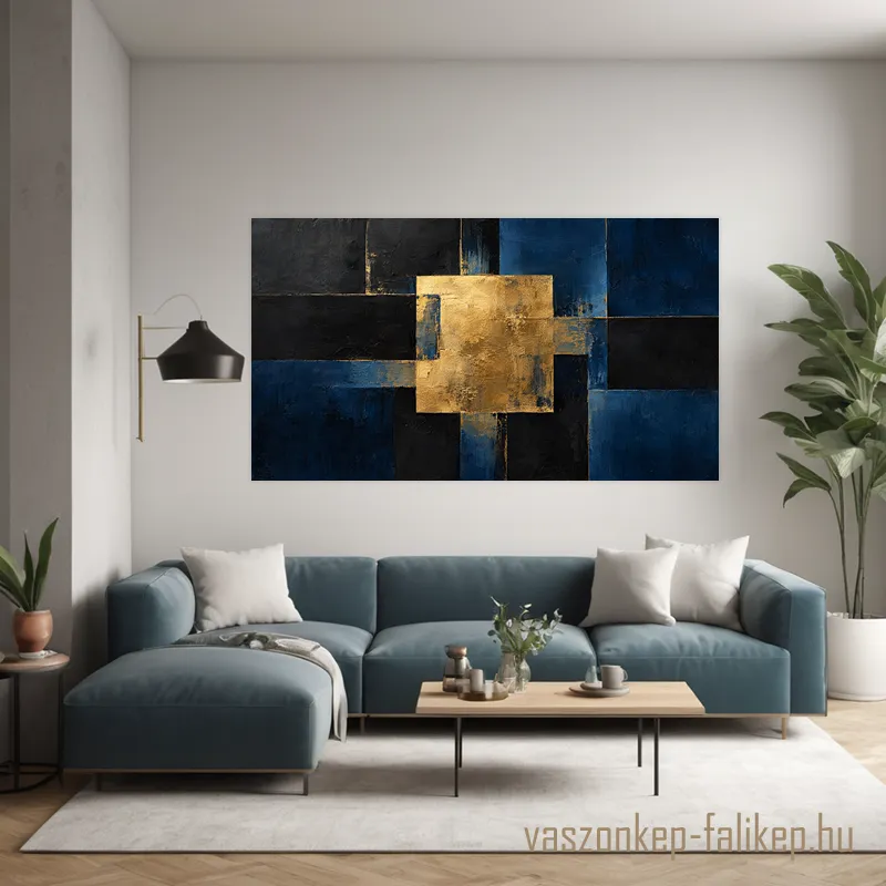 Arany Geometria falikép – Mély tónusú elegancia 2 Absztrakt arany és mélykék geometrikus vászonkép markáns fekete felületekkel, modern enteriőrbe. 2