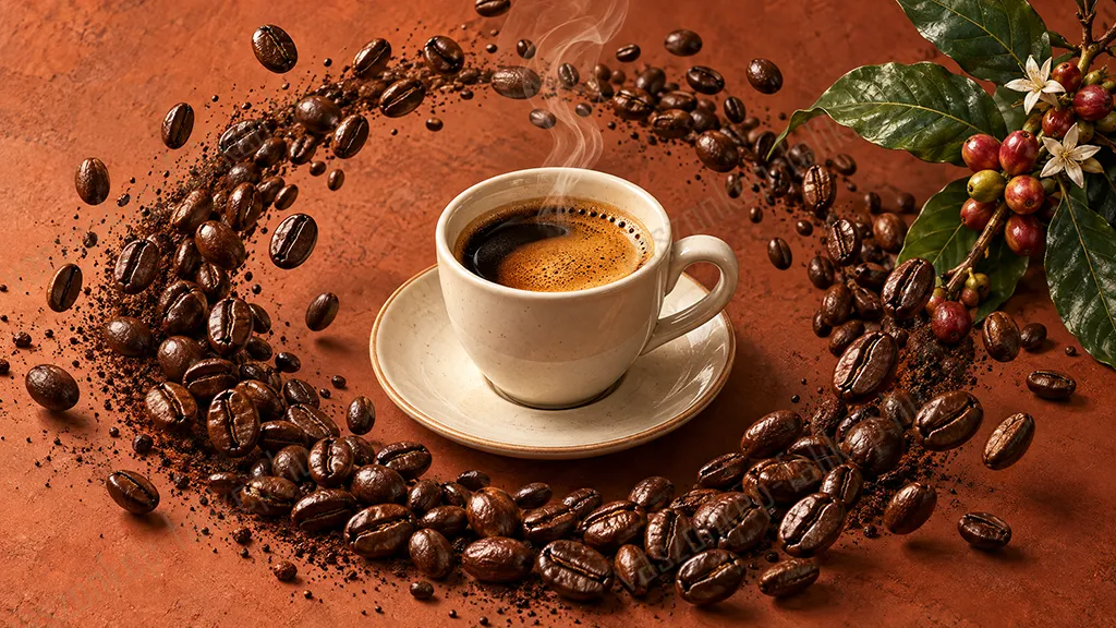 Reggeli Kávéörvény vászonkép – prémium nyomat 3 Gőzölgő espresso csésze kávészemekkel és kávécserje ágával, meleg barna hátterű vászonképen 3