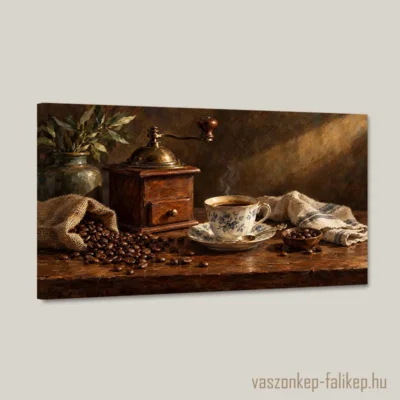 Rusztikus kávés vászonkép régi kávédarálóval, porceláncsészével és szóródó kávészemekkel