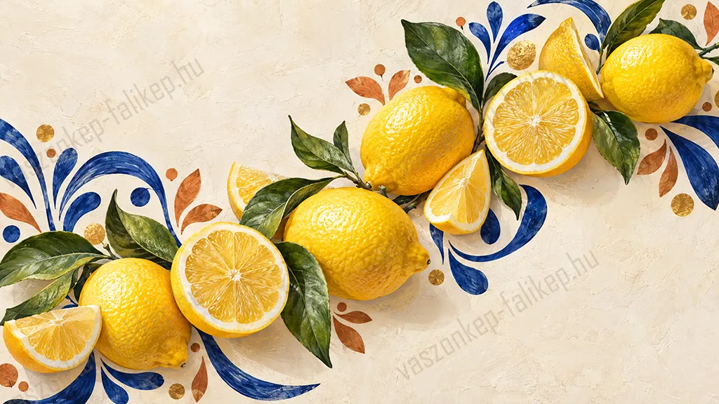 Citromág nyara – prémium vászonkép 3 Citromos vászonkép sárga gyümölcsökkel, zöld levelekkel és kék mediterrán ornamentikával. 3