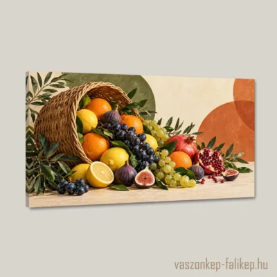 Mediterrán gyümölcscsendélet vászonkép fonott kosárral, citrusokkal, szőlővel és gránátalmával