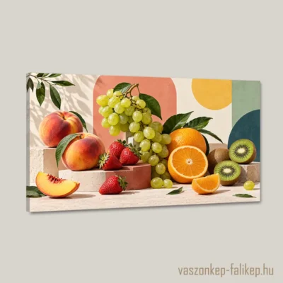 Napfényes gyümölcscsendélet vászonkép szőlővel, naranccsal, őszibarackkal, eperrel és kiwivel