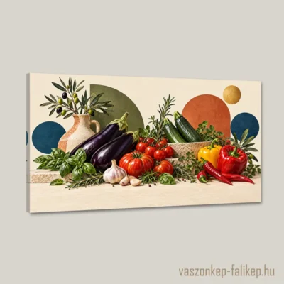 Mediterrán zöldségcsendélet vászonkép padlizsánnal, paradicsommal, paprikával és friss fűszerekkel