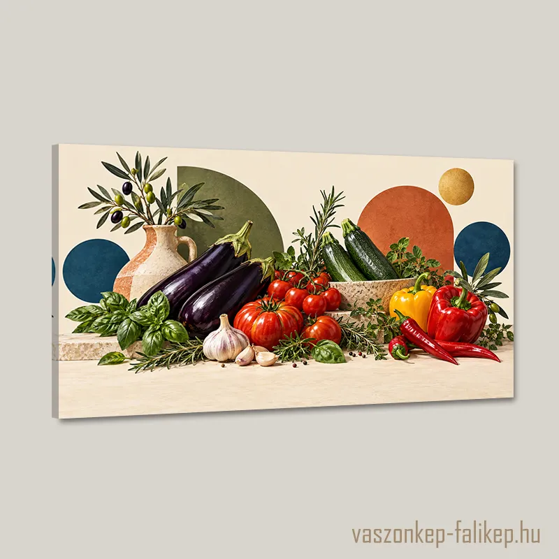 Mediterrán terméscsendélet vászonkép – Élénk részletek Mediterrán zöldségcsendélet vászonkép padlizsánnal, paradicsommal, paprikával és friss fűszerekkel