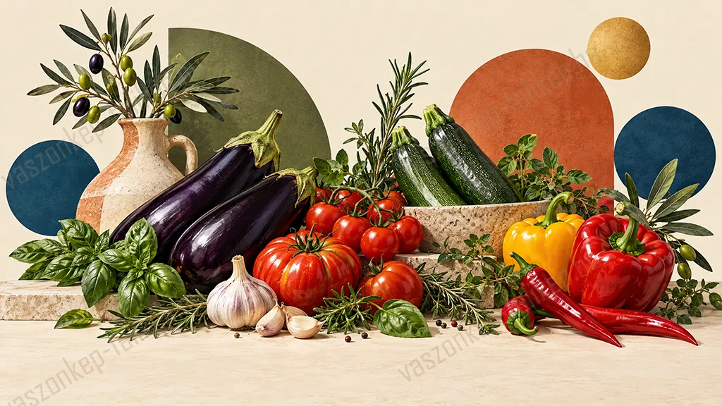 Mediterrán terméscsendélet vászonkép – Élénk részletek 3 Mediterrán zöldségcsendélet vászonkép padlizsánnal, paradicsommal, paprikával és friss fűszerekkel 3