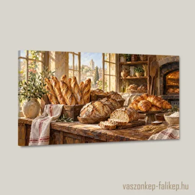 Napfényes rusztikus pékség friss kenyerekkel, bagettekkel és croissant-okkal ábrázolt vászonkép