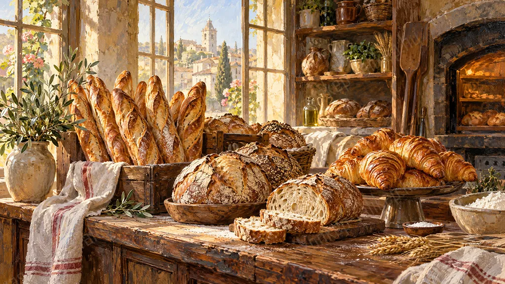 Reggeli Fények – Prémium Vászonkép 3 Napfényes rusztikus pékség friss kenyerekkel, bagettekkel és croissant-okkal ábrázolt vászonkép 3
