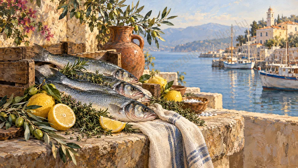 Kikötői Citromok falikép – Mediterrán hangulat 3 Mediterrán kikötői csendélet halakkal, citromokkal, olajágakkal és csónakokkal a háttérben 3